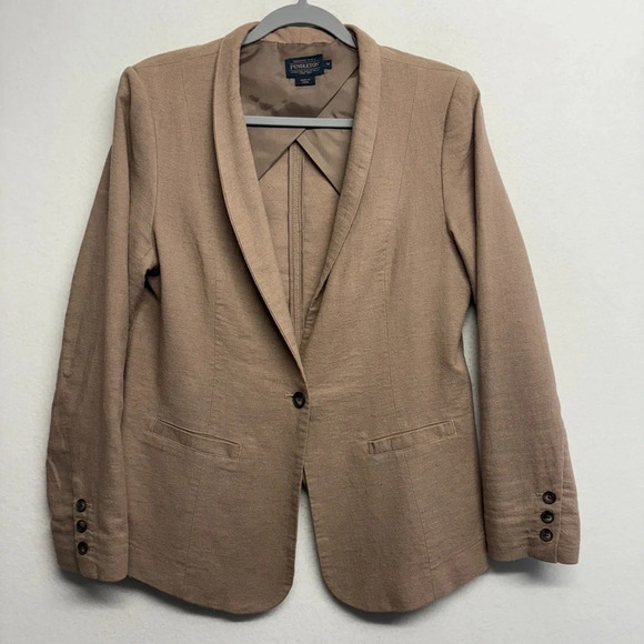 Pendleton cotton linen blend blazer tan woven women’s 12 single button - Picture 1 of 8